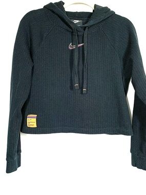 Nike Black Ribbed Cropped Hoodie with Multicolor Swoosh